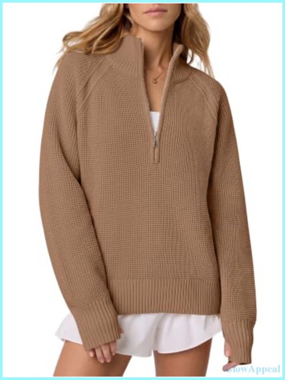 Quarter Zip Waffle Knit Pullover Sweater with Thumbholes
